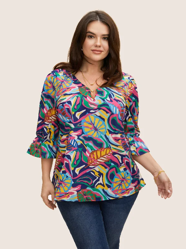 Tropical Print Notched Lantern Sleeve Blouse