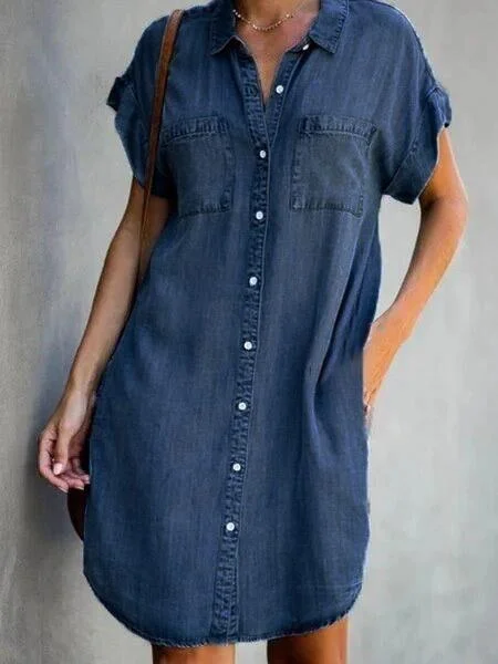 Turn Down Collar Short Sleeve Denim Dress