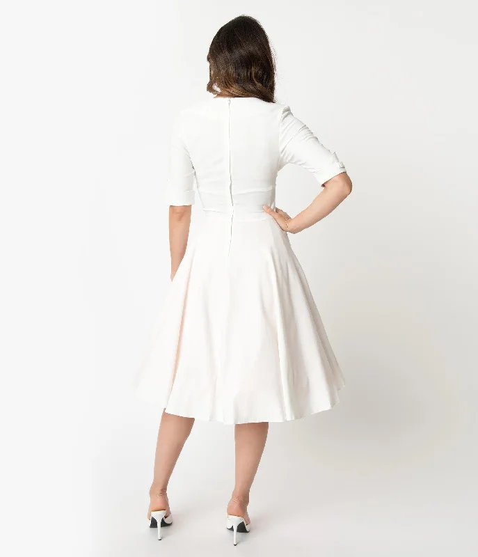 Unique Vintage Ivory Delores Swing Dress with Sleeves