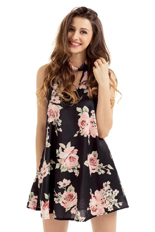 V Cut out Blooming Floral Print Black Background Dress