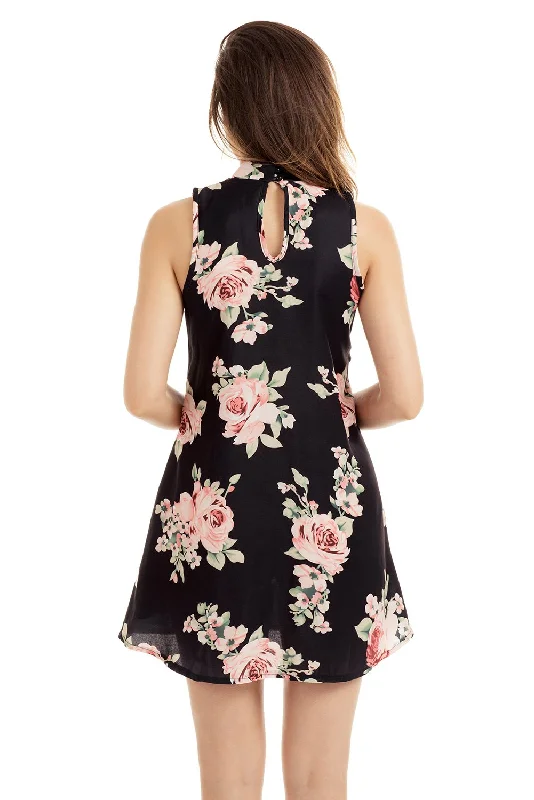 V Cut out Blooming Floral Print Black Background Dress