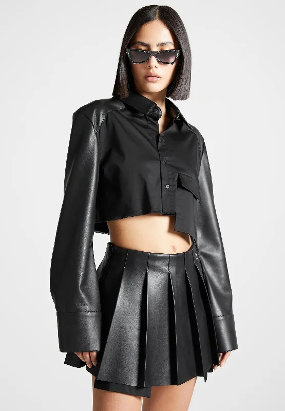 Vegan Leather Contrast Cropped Shirt - Black