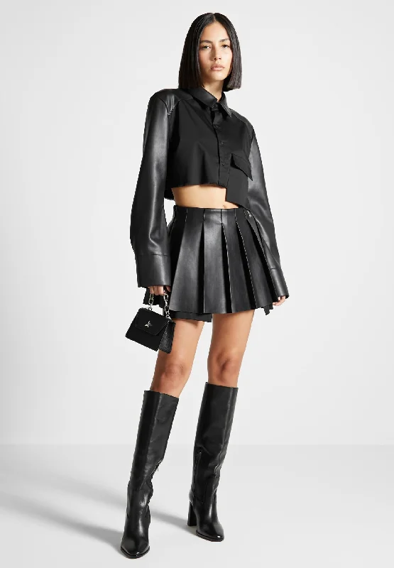 Vegan Leather Contrast Cropped Shirt - Black