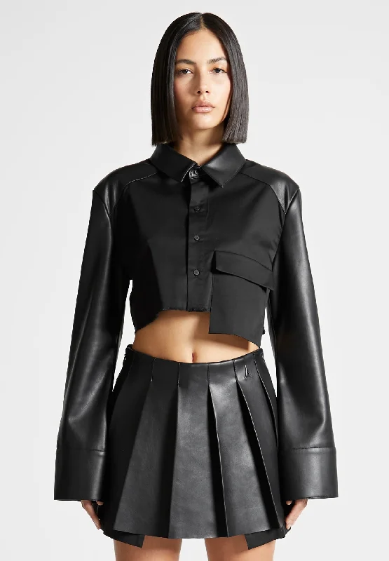 Vegan Leather Contrast Cropped Shirt - Black