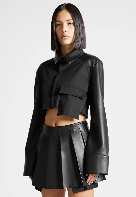 Vegan Leather Contrast Cropped Shirt - Black