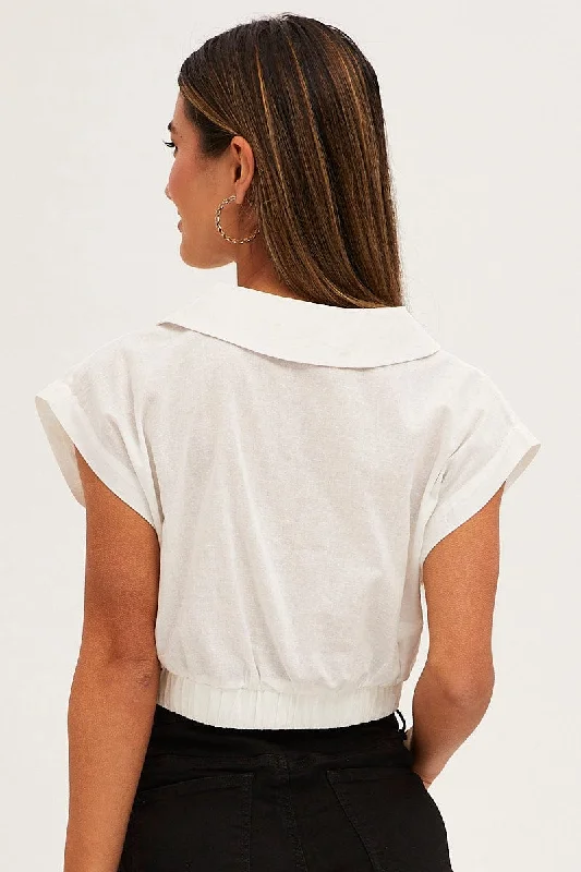 White Crop Shirt Cap Sleeve Collared Cotton Linen