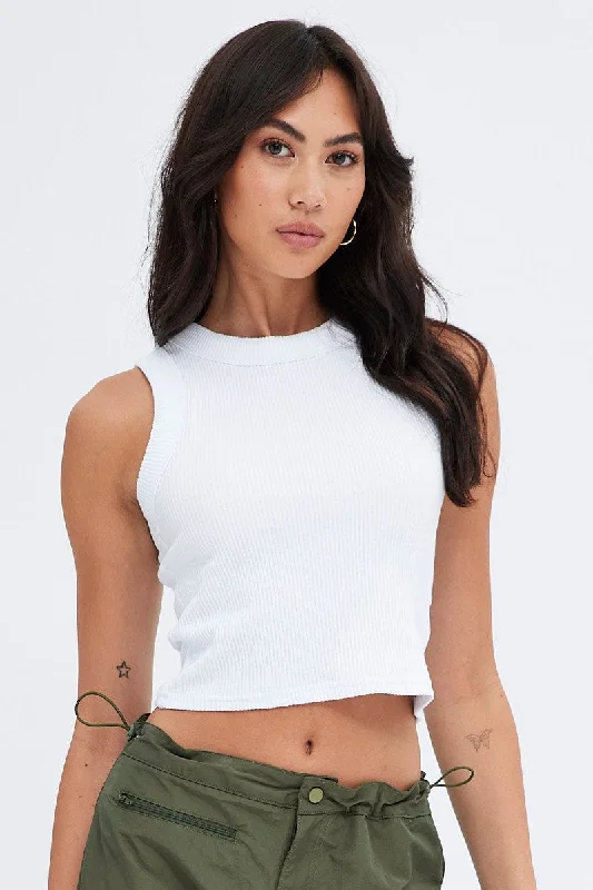 White Crop Tank Top Crew neck