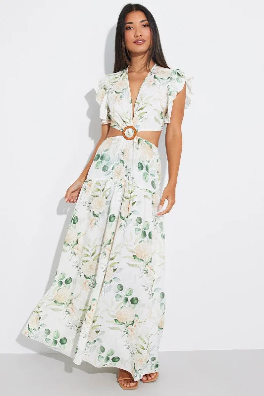 White Floral Butterfly Sleeve Maxi Dress With Raffia Buckle