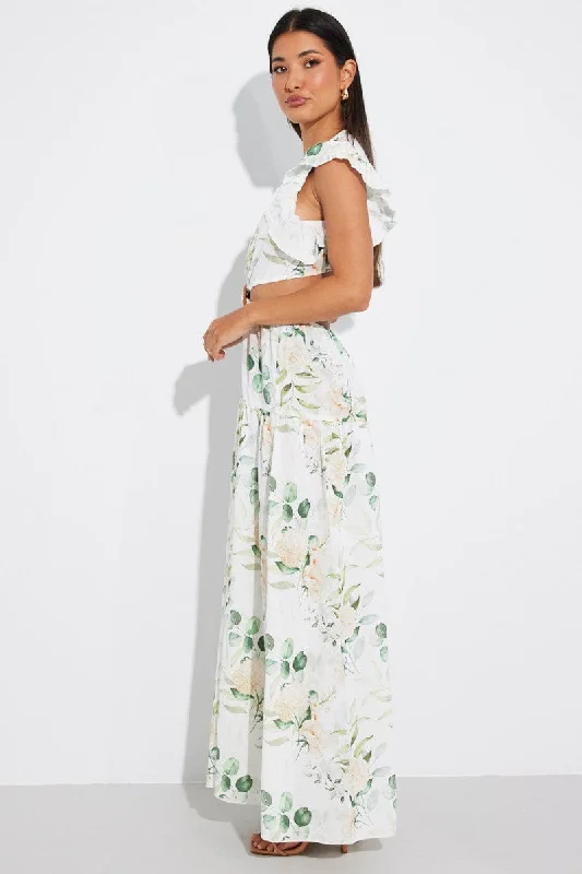 White Floral Butterfly Sleeve Maxi Dress With Raffia Buckle