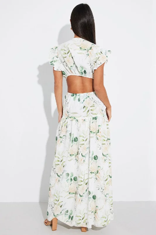 White Floral Butterfly Sleeve Maxi Dress With Raffia Buckle