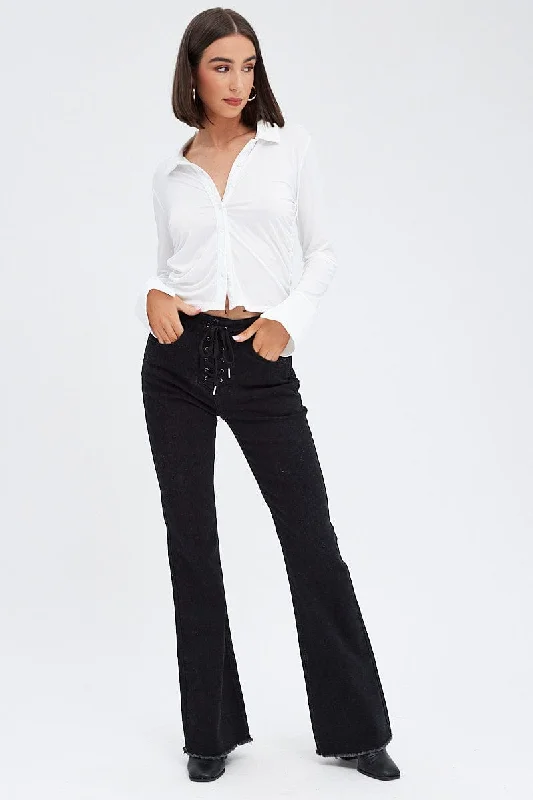 White Long Sleeve Shirt Collared Side Ruched