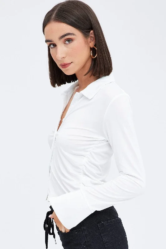 White Long Sleeve Shirt Collared Side Ruched