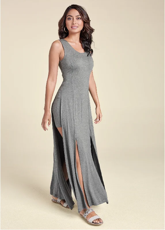 High slit casual maxi dress - Heather Grey