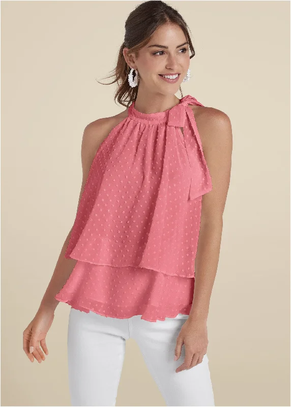 Swiss dot mock-neck top - Coral