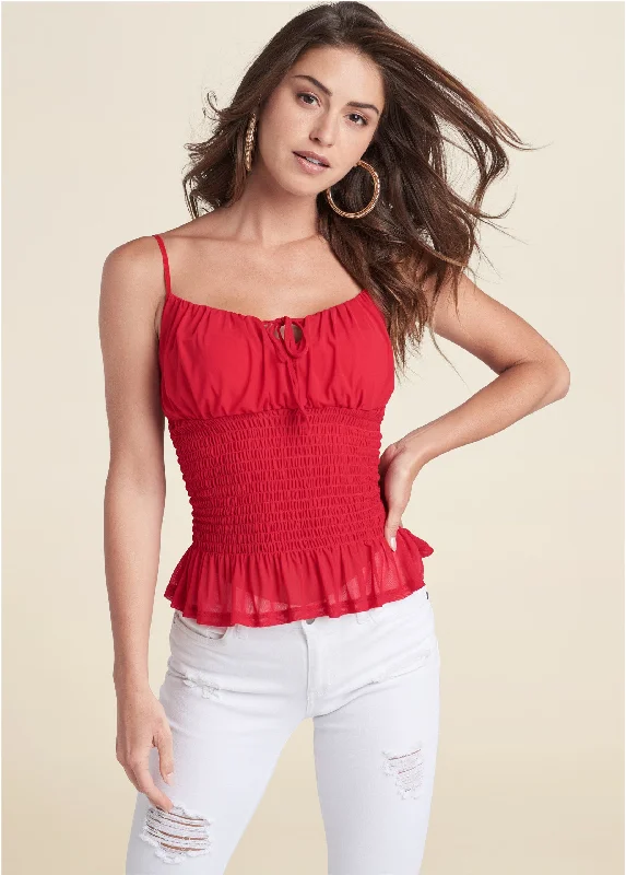 Smocked mesh top - Red