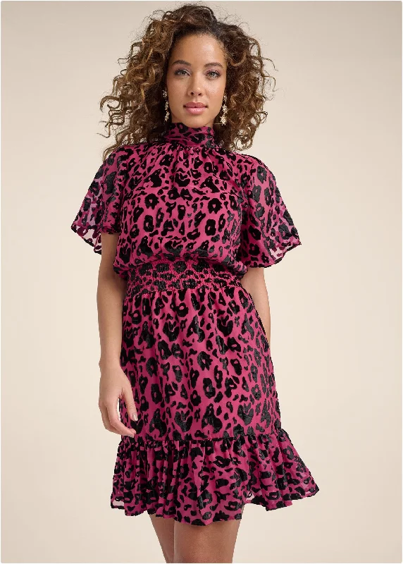 Leopard velvet smocked dress - Hot Pink