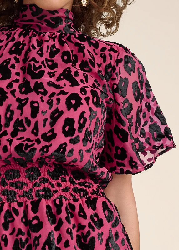 Leopard velvet smocked dress - Hot Pink