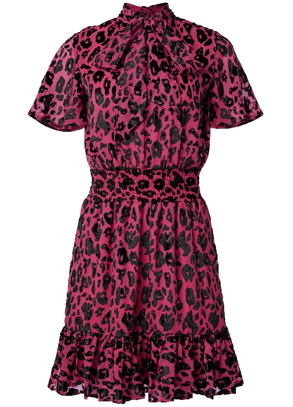 Leopard velvet smocked dress - Hot Pink