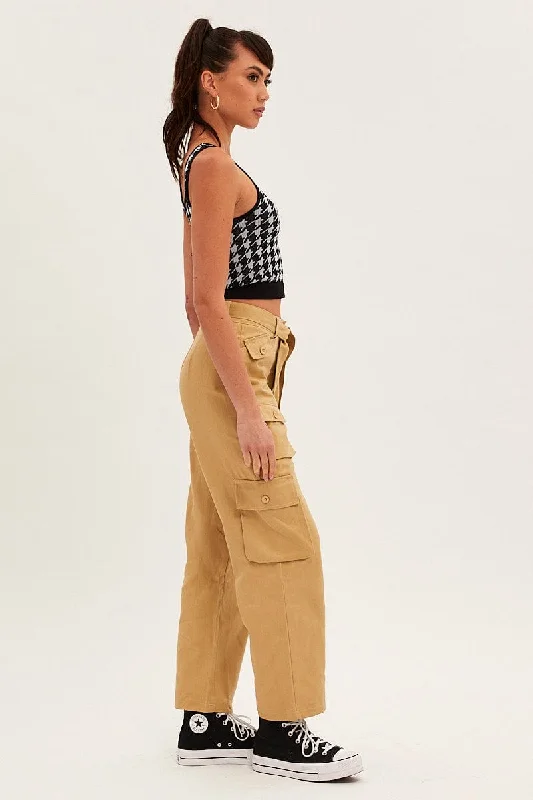 Beige Cargo Pants Relaxed Wide Leg