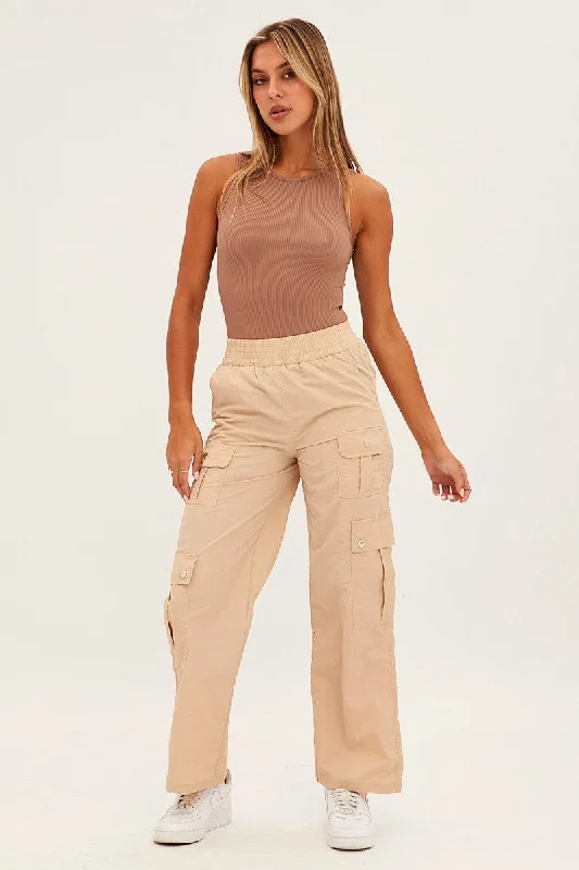 Beige Elastic Waist High Rise Wide Leg Cargo Pants