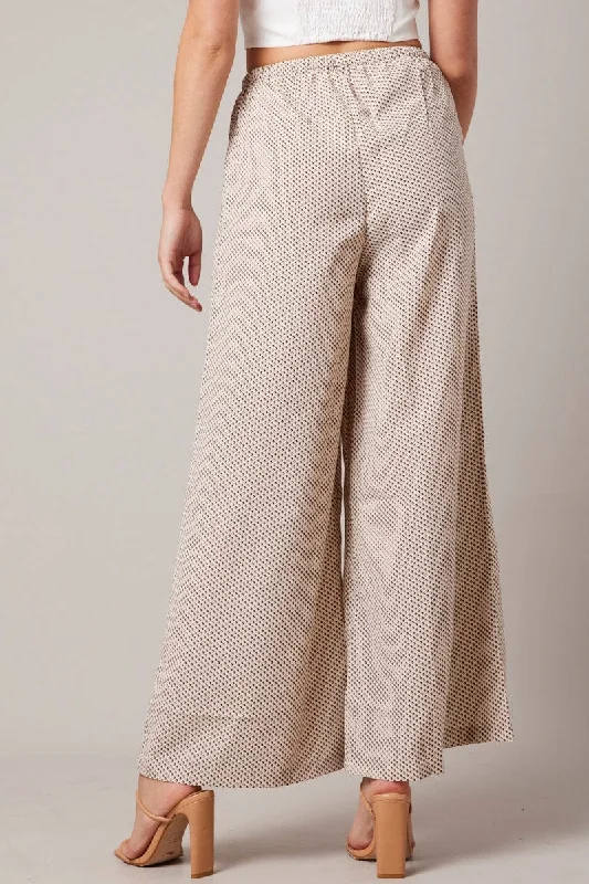 Beige Geo Wide Leg Pants High Rise