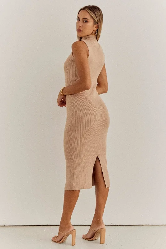 Beige Knit Dress High Neck Sleeveless Midi