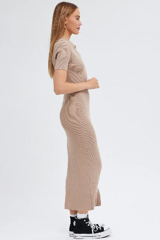 Beige Knit Dress Short Sleeve Maxi Collared