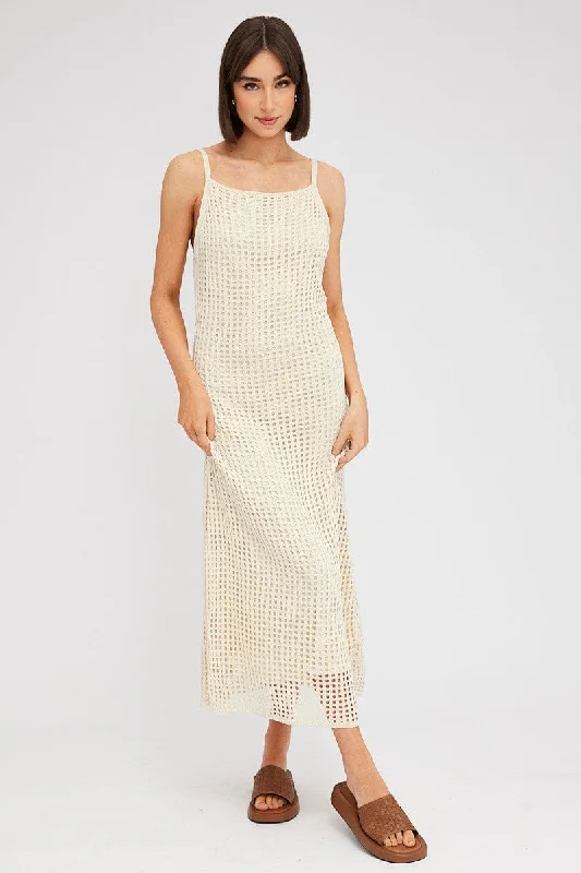 Beige Knit Dress Sleeveless Maxi Crochet