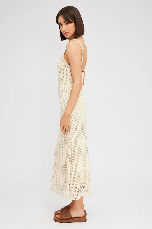 Beige Knit Dress Sleeveless Maxi Crochet