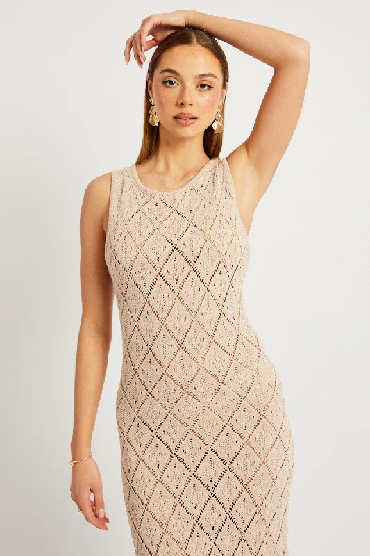 Beige Knit Dress Sleeveless Maxi