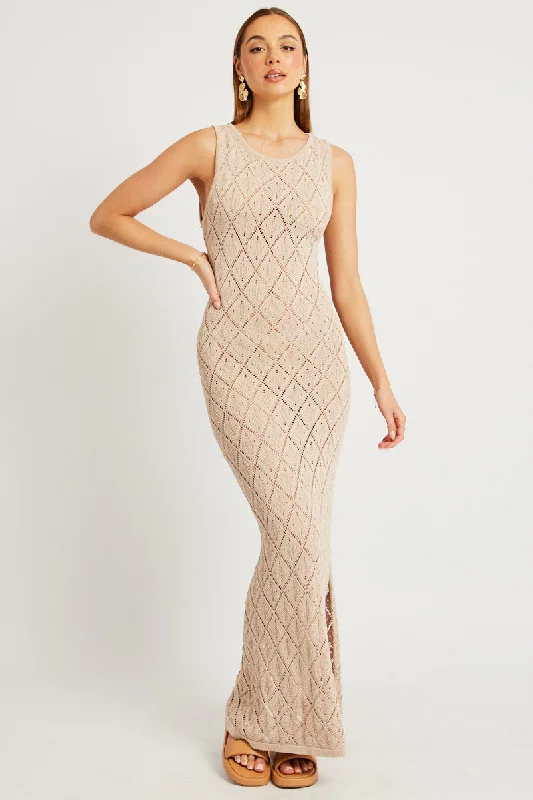 Beige Knit Dress Sleeveless Maxi