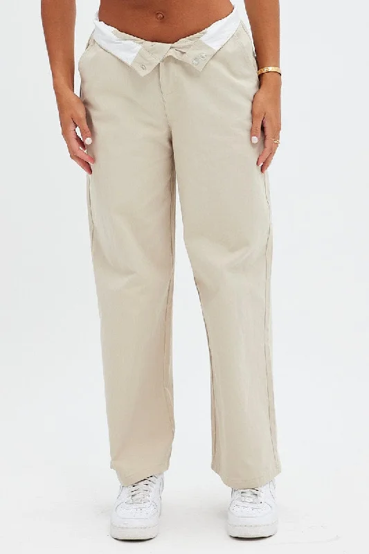 Beige Pant Straight Leg Turned Down Waist