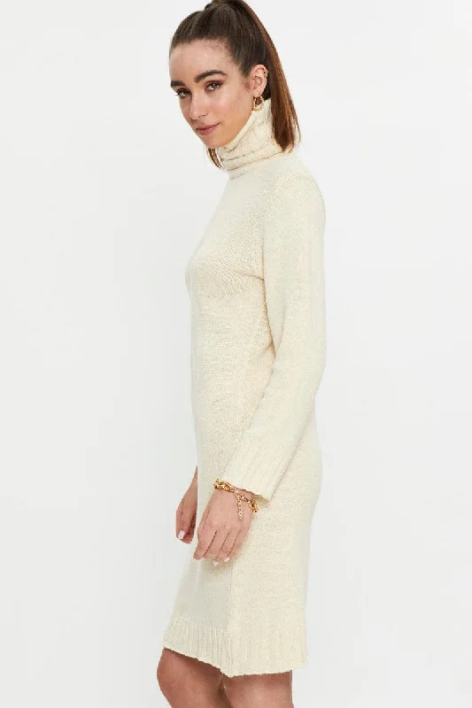 Beige Roll Neck Knit Dress