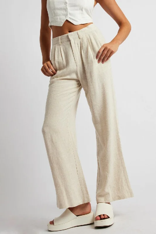 Beige Wide Leg Pant High Rise