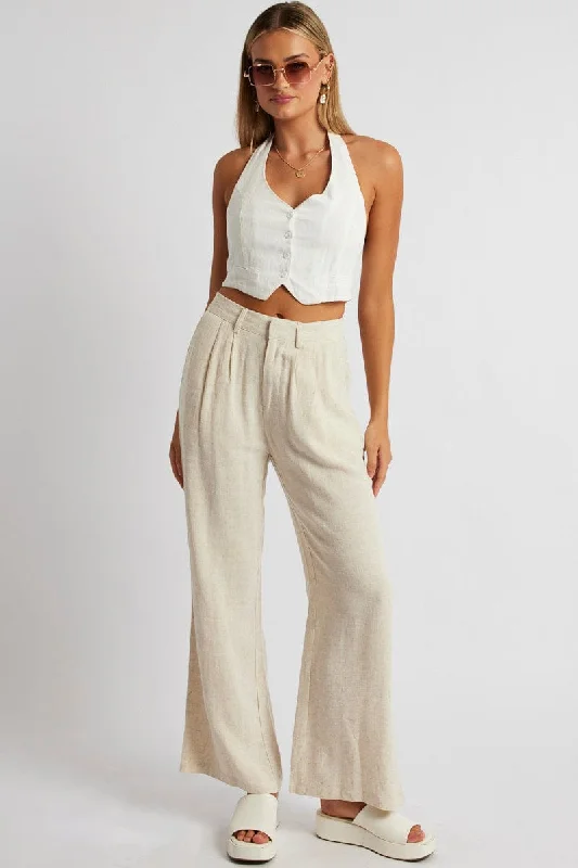 Beige Wide Leg Pant High Rise