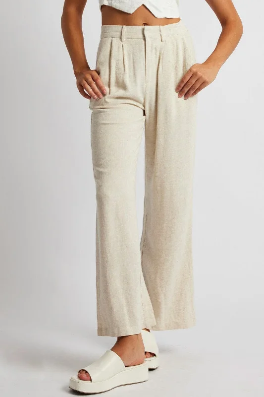 Beige Wide Leg Pant High Rise