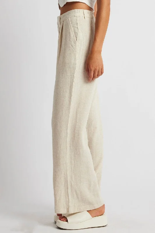 Beige Wide Leg Pant High Rise