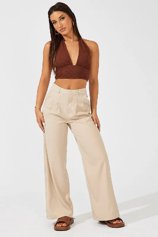 Beige Wide Leg Pants High Rise