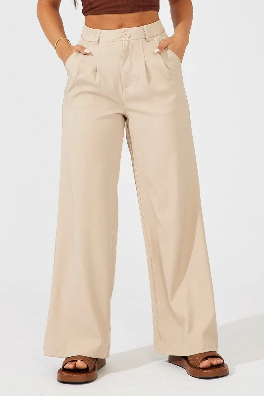 Beige Wide Leg Pants High Rise