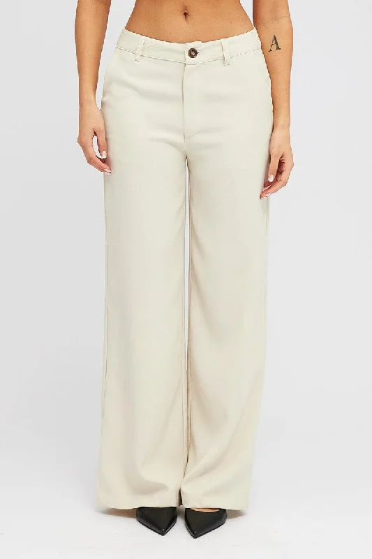 Beige Wide Leg Pants High Rise