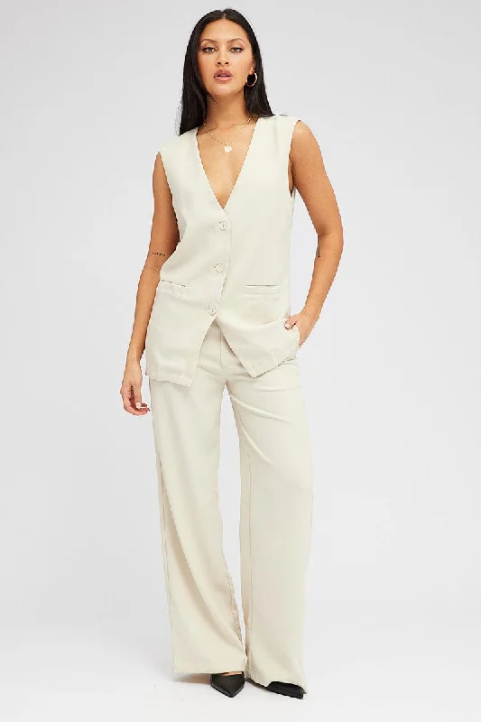 Beige Wide Leg Pants High Rise