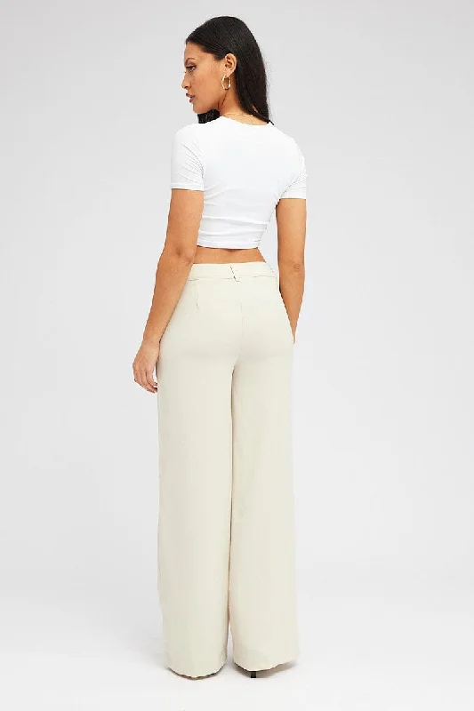 Beige Wide Leg Pants High Rise