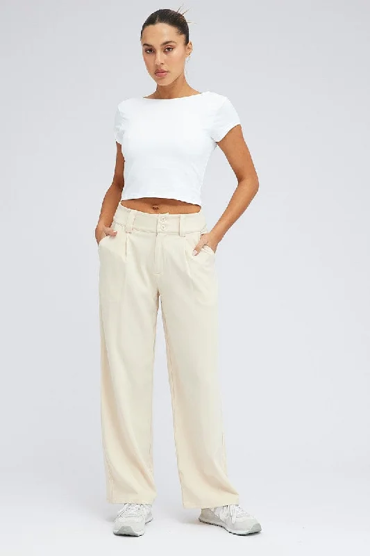 Beige Wide Leg Pants High Rise