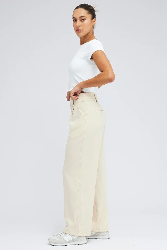 Beige Wide Leg Pants High Rise