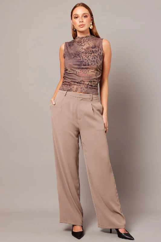 Beige Wide Leg Pants High Rise