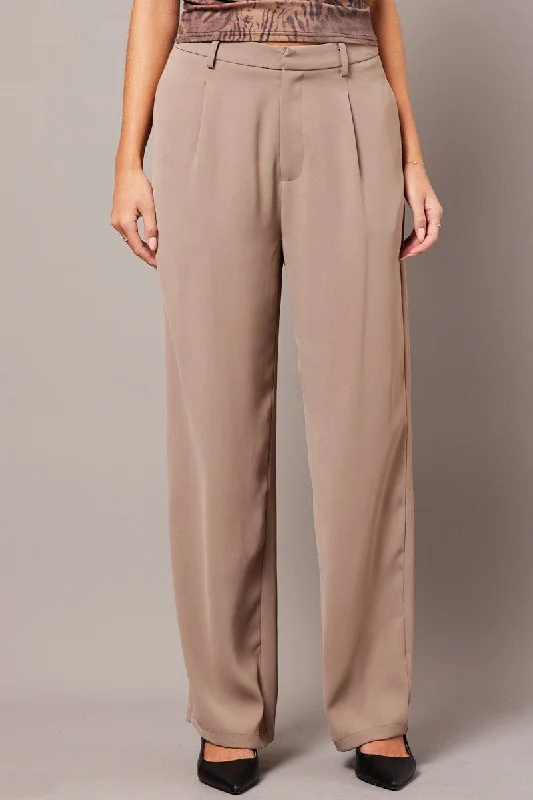 Beige Wide Leg Pants High Rise