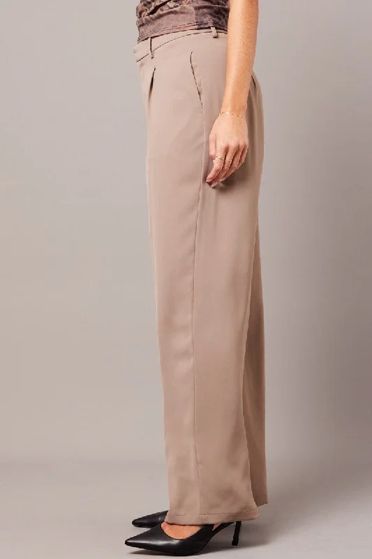 Beige Wide Leg Pants High Rise