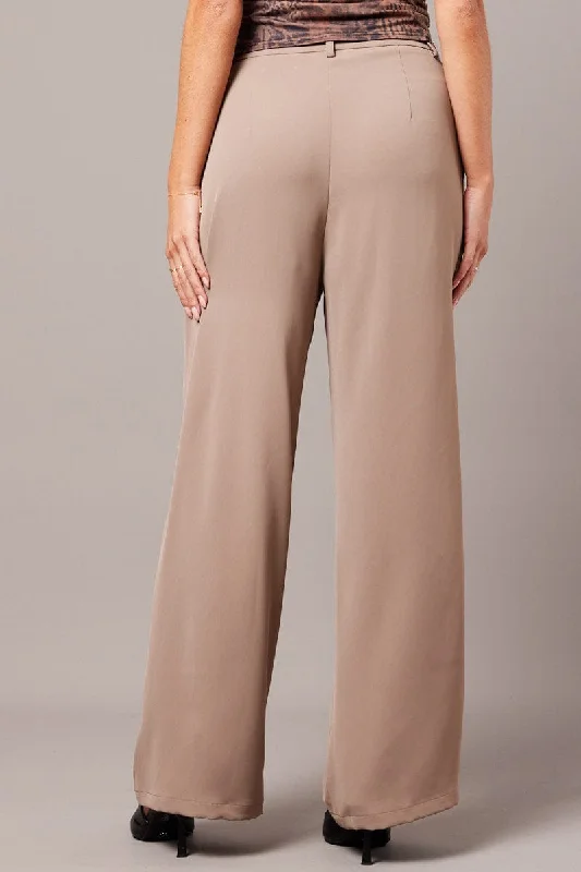 Beige Wide Leg Pants High Rise