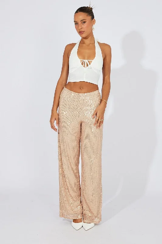 Beige Wide Leg Pants High Rise Sequin