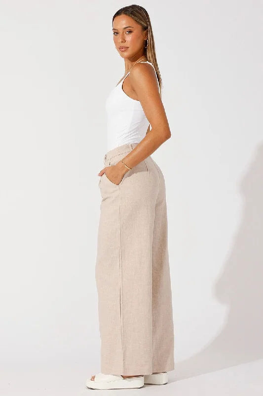 Beige Wide Leg Pants High Rise Tailored